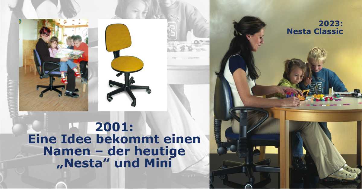 Erzieherin Kita sitzt auf dem Nesta Erzieherstuhl. Am Tisch sitzen Kinder. Auch der Erzieherstuhl Mini ist abgebikedt in gelbem Stoffbezug
